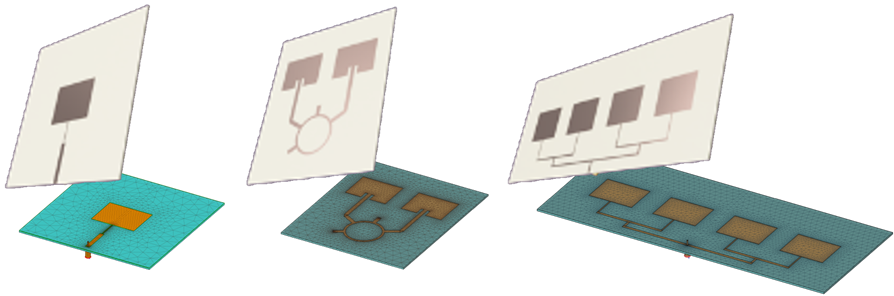 Rectangular patch, rat race 2-patch array and 4-element patch array antennas from the EMBox Lab starter pack